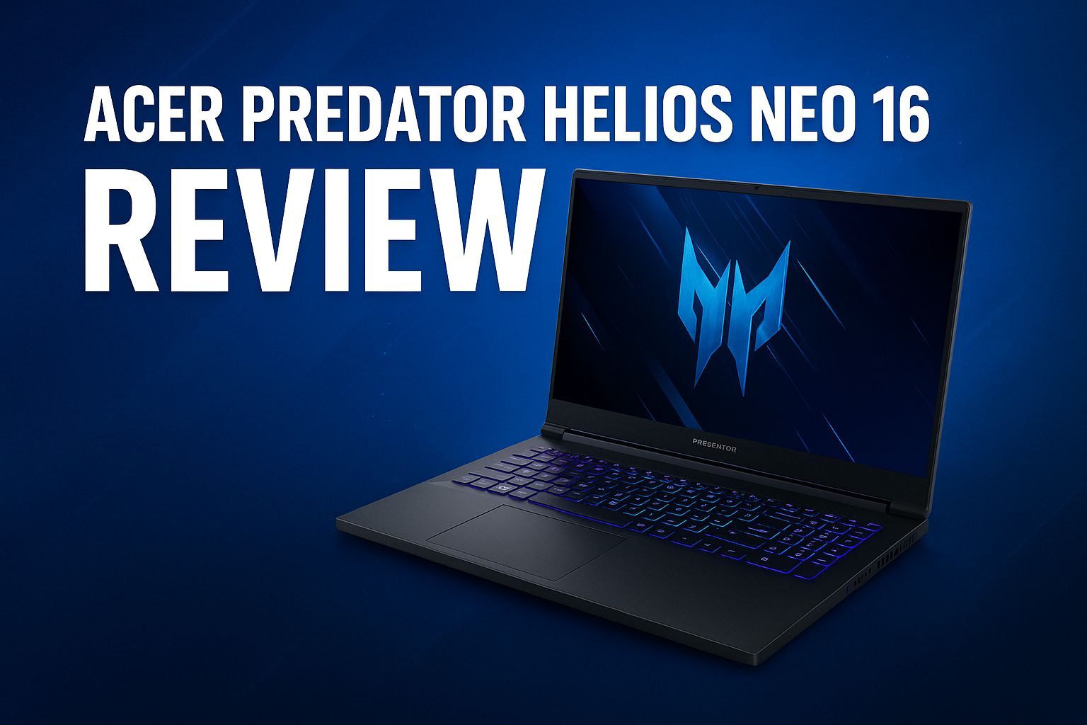 Acer Predator Helios Neo 16 gaming laptop review thumbnail with RGB keyboard and modern blue background