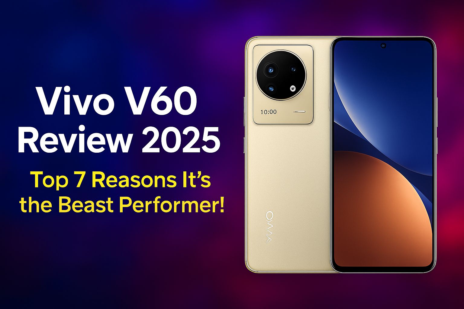 Vivo V60 Review 2025 promotional image showing gold smartphone with curved AMOLED display and ZEISS camera